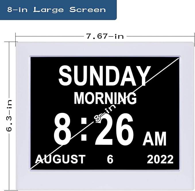 Day Date Time Clock for Seniors Elderly Digital Calendar Dementia Impaired Vision Memory Loss Clock with 3 Medication Reminders + 5 Custom Reminders(White,8-inch)