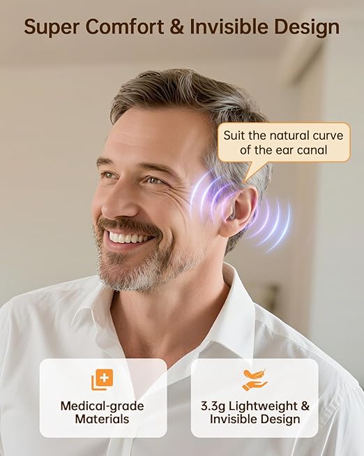 OTC Hearing Aids for Seniors, Superior Sound Quality, Comfort & Invisible design, AI Noise Cancellation, 120+ Hours of Charging Case Usage, 3 Smart Scene Modes（white）