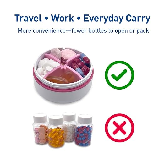 EZY DOSE Mini Pill Organizer, 4-Compartment Vitamin & Medication Case with Screw-Top Secure Seal + Sliding Dispenser, Compact Bottle-Replacement for Purse, Work, Cruise & Travel, Small, White/Pink