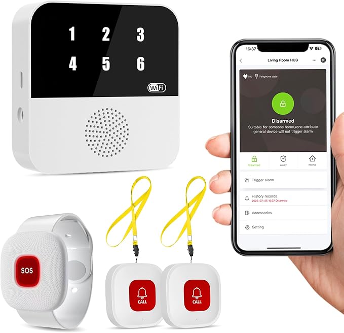 PILSAMAS WiFi Caregiver Pager Smart Call System - Display Caller ID & App Alerts, No Monthly Fee, IP65 Waterproof Wristband + 2 Call Buttons, Emergency Alert Button for Elderly at Home & Nursing Care