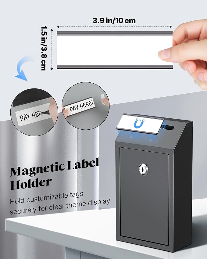 Uniclife Money Box with Key Lock, Cash Box for Farm Stand, 5.7"x2.8"x10.3" | Magnetic Label Holder, Metal Construction, for Money Drop, Cash, Donations, Suggestions, Ideal for Home, Office, and Shop