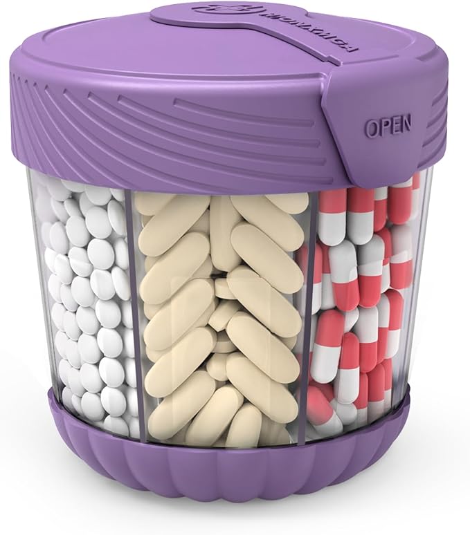 Pill Dispenser with 7 Large Compartments, Portable Pill Bottle Organizer for Travel, Anti-Mixing Supplement Organizer Easy Twist Wide-Opening, BPA-Free Pill Container with 20Pcs Labels,Purple