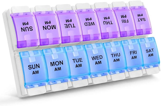 Sukuos AM PM Weekly 7 Day Pill Organizer, 2 Times A Day Pill Box with Arthritis Friendly Push Button, Medicine Cases for Vitamin/Fish Oil/Supplements, Easy to Clean (Purple&Blue)