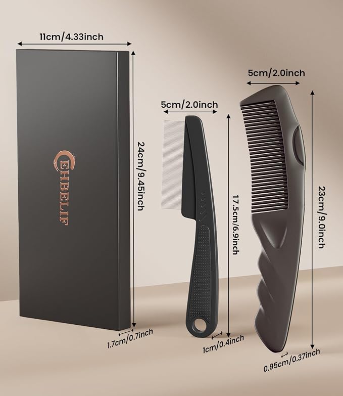 Dandruff Comb Removal 2PC Hollow Fine Tooth Scalp Detox Hair Care Tool | Upgraded Stainless Steel Teeth, with Gift Box, Build up Flake, Self Cleaning, Button-Release Design, for Women Men Kid, Brown