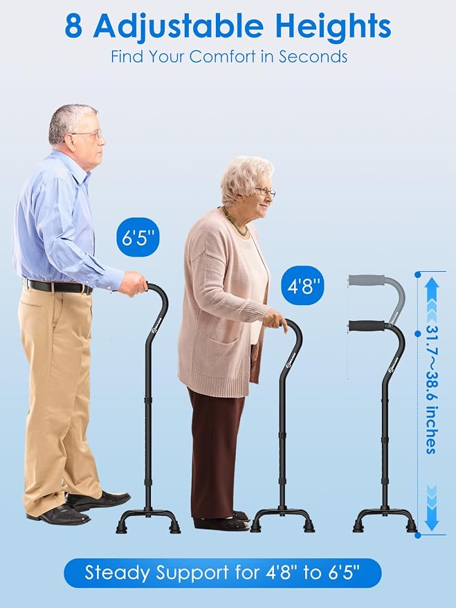 WHLICKS Quad Cane for Stability, Adjustable Walking Cane for Women & Men with A Large 4 Pronged Base for Balance, Self Standing Cane, 350lbs Heavy Duty Cane with 4 Legs, Walking Sticks for Seniors