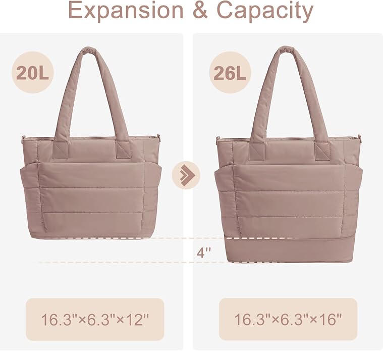 Puffer Tote Bag for Women Quilted Nurse Bag Lightweight Work Bag for Teacher Travel Handbag with Multiple Pockets