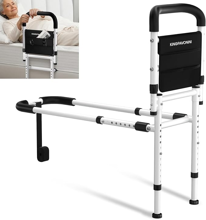 KingPavonini Bed Rails for Elderly Adults Safety 2026 Upgrade, ASTM-Approved Bed Rails for Seniors with Anti-Wobble Adjustable Feet, 400lb Bed Cane, Non-Slip Handle & Storage Bag, No-Tools, Model GS04