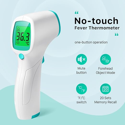 Non Contact Forehead Thermometer for Adults and Kids, Digital No-Touch Infrared Thermometer Temperature Gun for Baby ，3 Color Fever Alarm Accurate Reading 1s Fast Accurate Reading