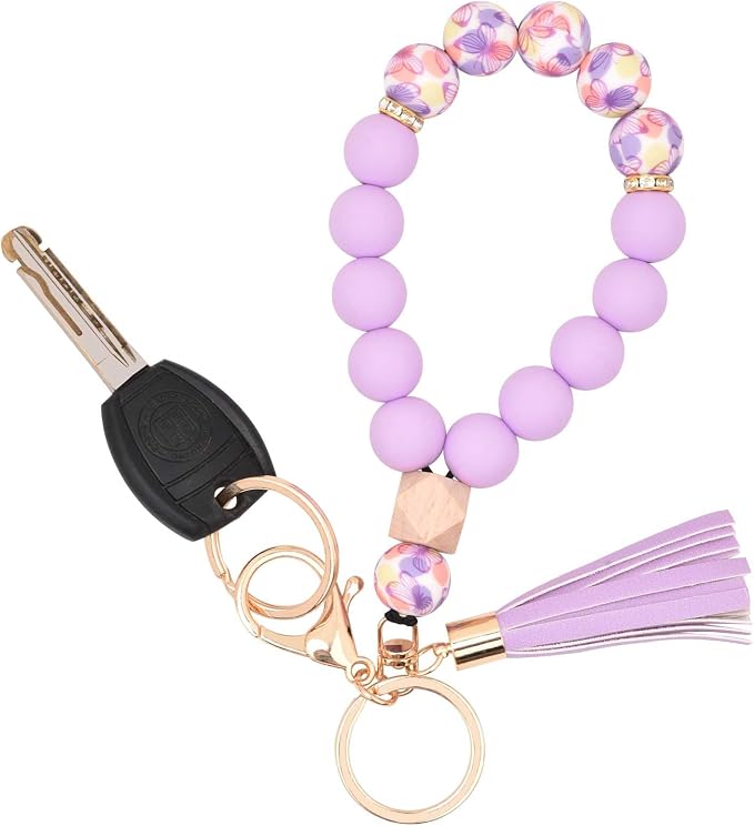 BAOSIWA Silicone Key Ring Bracelet Wristlet Keychain Unique Beaded Bangle Key Chains for Women with Leather Tassel