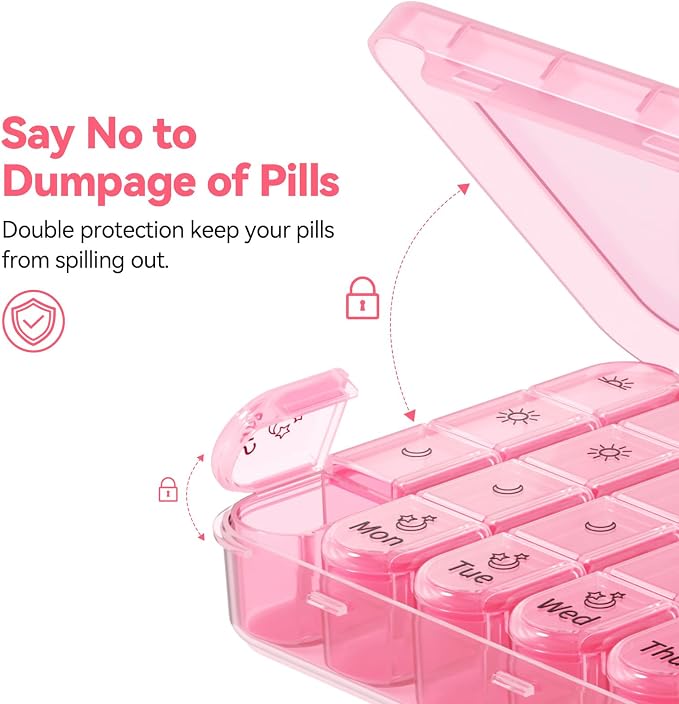 Zoksi Pill Organizer 4 Times a Day, BPA Free Weekly Travel Pill Box，Daily Pill Case with 28 Compartments to Hold Medicine, Vitamin and Supplement(Pink)