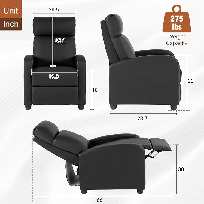 BestMassage Recliner Chair No Massage Function | Leather Black | with Lumbar Support, Adjustable Push Back, Wide Arm & Footrests, Padded Seat | Easy Assembly | for Living Room, Home Theatre