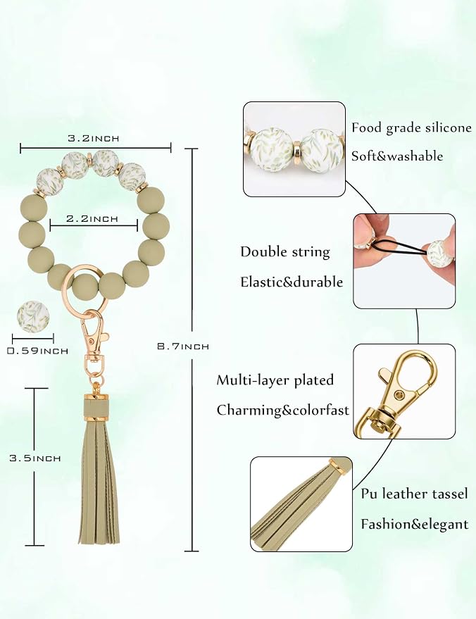 BAOSIWA Silicone Beaded Bracelet Keychain Wristlet Key Ring Bangle Chains for Women with Leather Tassel