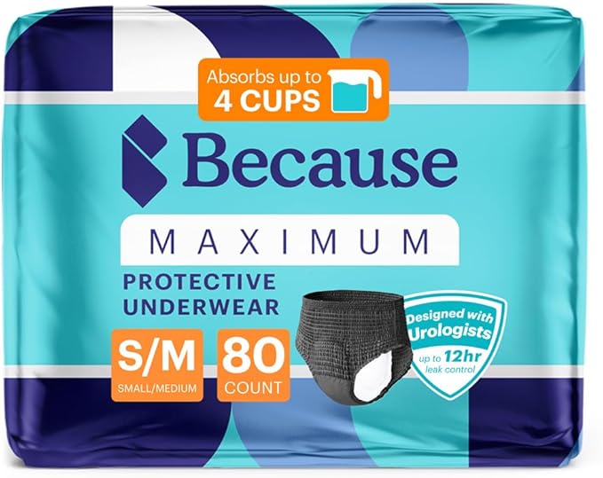 Because Premium Maximum Absorbency Adult Incontinence and Postpartum Bladder Leak Underwear for Women, Heavy Absorbency, Disposable, Black, Small/Medium, 80 Count (4 Packs of 20)