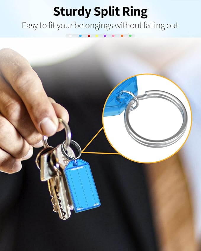 Uniclife 20 Pack Plastic Key Tags with Split Ring Label Window, 8 Colors | Tough plastic key tags with writable blank paper labels and clear covers keep labels protected, visible and easy to identify