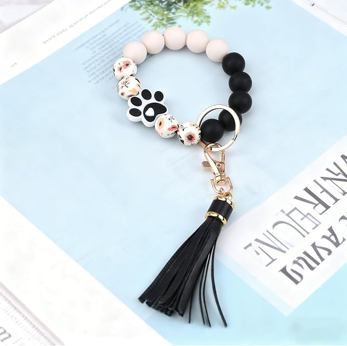 BAOSIWA Silicone Beaded Bracelet Keychain Wristlet Key Ring Bangle Chains for Women with Leather Tassel