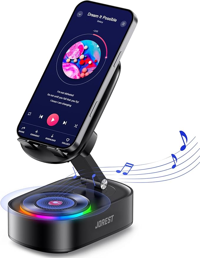 Jorest Wireless Induction Speaker with Phone Stand,Valentine's Gifts for Older Men Women Teenage Boy,Bluetooth Speakers with Desk Cell Holder, Foldable with iPhone/Ipad,Birthday Gift for Dad Father