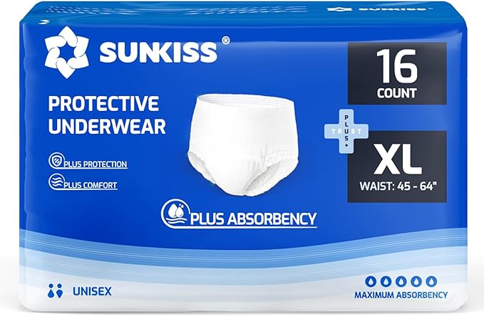 SUNKISS TrustPlus Incontinence and Postpartum Underwear for Men and Women, Disposable Protective Underwear with Overnight Comfort Absorbency, XLarge, 16 Count