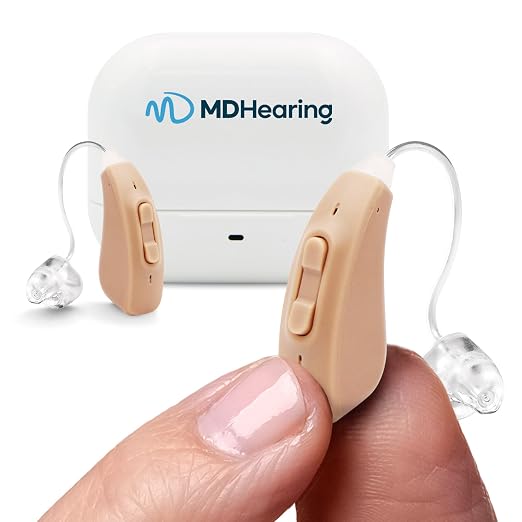 MDHearing AIR OTC Hearing Aids for Seniors – Behind-the-Ear Hearing Aids | Advanced Feedback Cancellation, Nearly Inivisible, Perfect with Glasses, Easy-to-Use Volume Dial, Long-Lasting Battery