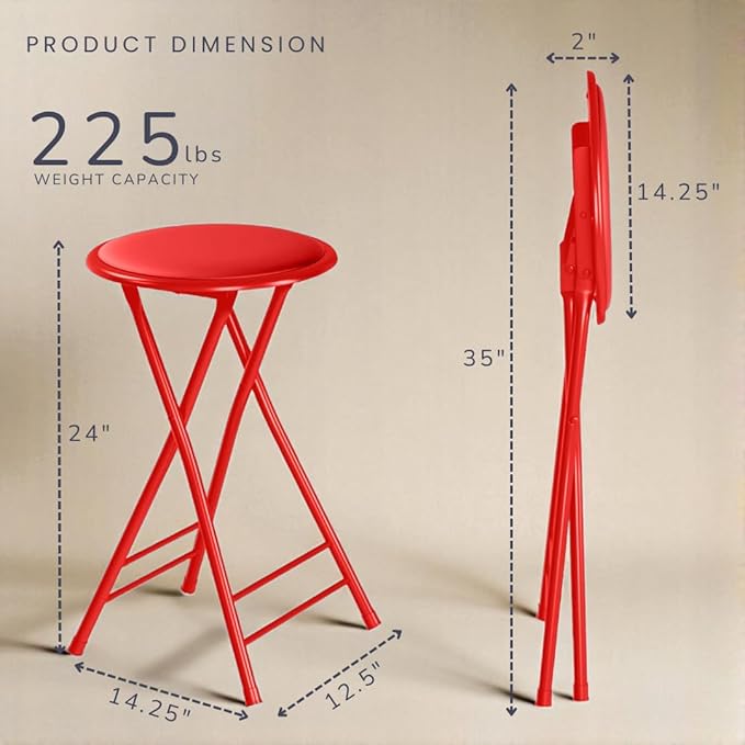 Lavish Home Folding Stool with Padded Backless Seat, Red, 24 Inch | Counter Height Bar Stools with 225lb Capacity, Portable Indoor & Outdoor, Extra Seat for Kitchen, Rec Room or Camping