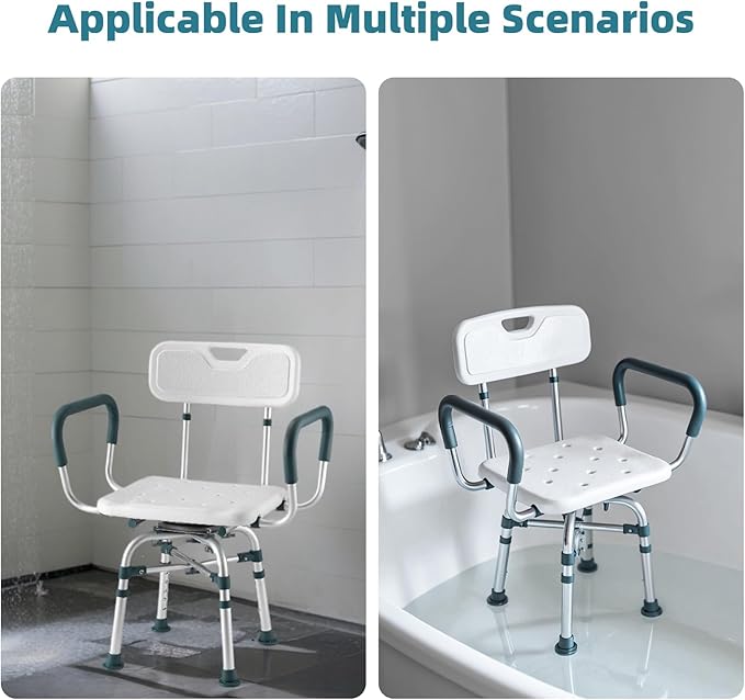 Swivel Shower Chair with Arms and Back, 500 lbs Heavy Duty Shower Seat for Inside Shower Stall and Bathtub, Height Adjustable Safety Bath Seat for Elderly, Adults, Handicap and Disabled