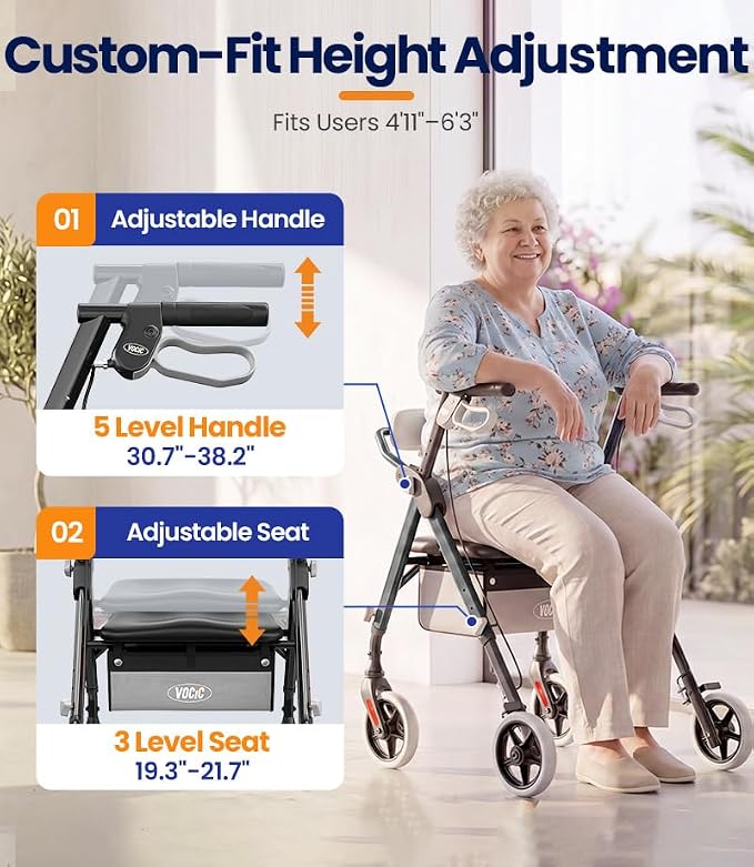 VOCIC Z11 Rollator Walkers for Seniors with Seat, 500 LBS Load, Ultra Wide | High-capacity support, 23" wide frame, ergonomic seat, dual brakes, and slim fold for home, shopping & daily walks, Black
