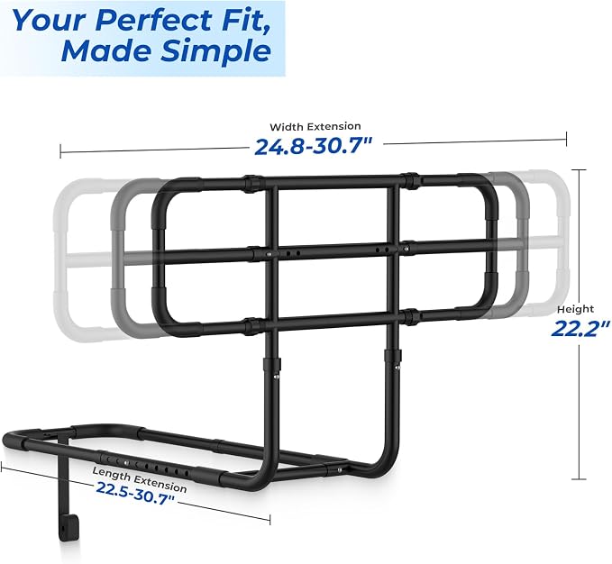Bed Rail with Extendable Handle 350 LBS Capacity, Model BS09 | ASTM-Approved, Adjustable Bed Rails for Elderly Adults Safety, Tool-Free Bed Cane for Seniors & Post Surgery, Storage Bag