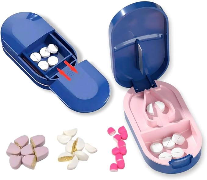 Pill Cutter, Precise 1/2 Pill Splitter for Small and Large Pills, Portable Medicine Divider with Storage Compartment, for Travel and Daily Use (Midnight Blue & Soft Pink)