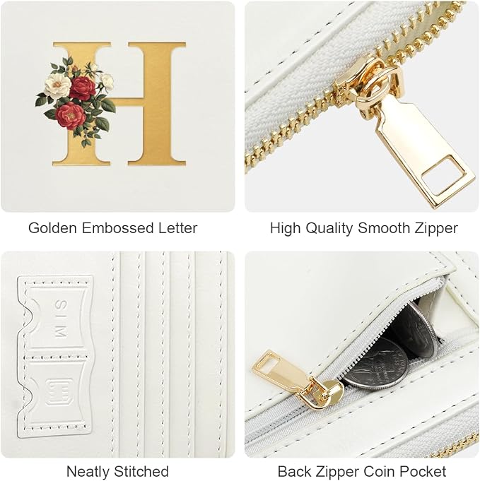 Passport Holder for Travel Personalized Wallet with Wristlet Women | All-in-One Passport Cover, RFID Blocking, Back Coin Pocket, Paper Money Slot, Zipper Closure, Roses Initial Letter, White H