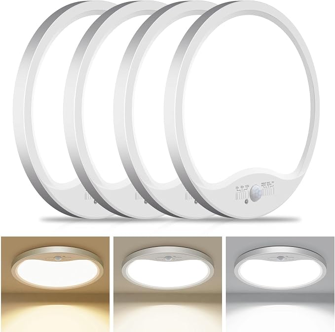 hepside 4 Pack Motion Sensor Ceiling Light Wired, 3000K/4000K/6500K LED Flush Mount Ceiling Light Fixture, 8.7Inch 18W Motion Sensor Light with Timer for Closet Stair Porch Hallway Pantry,White
