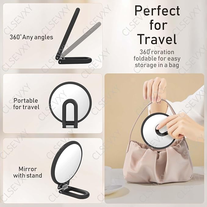 CLSEVXY Magnifying Handheld Mirror Double Sided, 1X 15X Magnification Hand Mirrors, Travel Folding Hand Held Mirror, 360°Rotation Pedestal Makeup Vanity Mirror