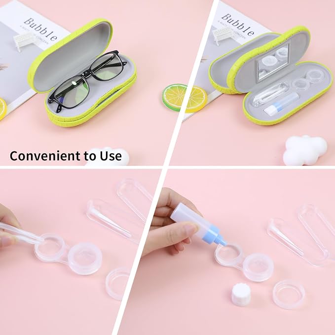 2 in 1 Contact Lens Case and Eyeglasses Case for Women Men Kids, Double Sided Hard Shell Portable Glasses Travel Holder with Built-in Mirror, Contact Lens Box Storage Kit, Lime