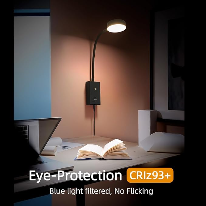 LED Wall Mounted Reading Light for Bed, Flexible Gooseneck Book Light for Wall Bedside Lamp with USB-A/C Output,Touch Control 5 Dimmable Headboard Bed Lights