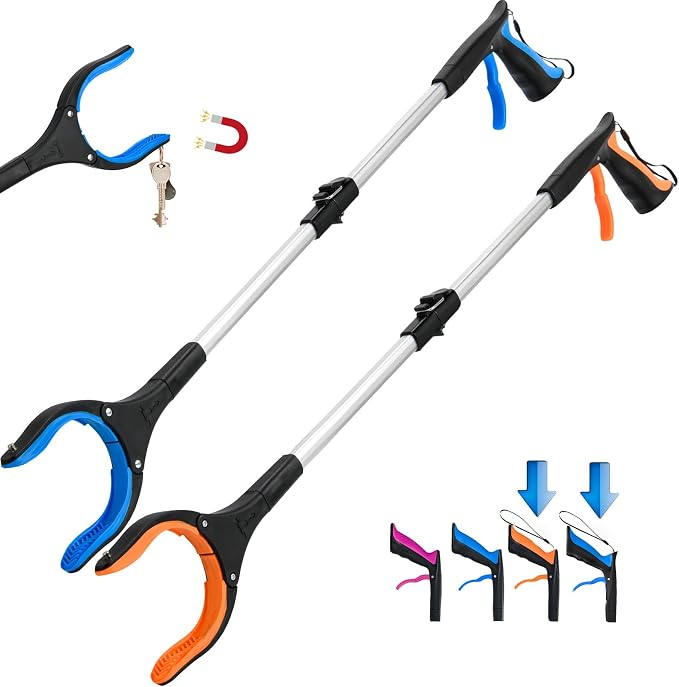 2-Pack Grabber Reacher Tool,32 Inch Extra Long Foldable Pick Up Stick with Buckle and Rope and with Strong Grip Magnetic,360°Rotating Anti-Slip Jaw,Grabber Tool for Outdoor & Indoor (Blue&Orange)