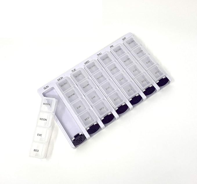 Weekly AM/PM Pill Box Portable Travel Prescription & Medication Pill Case Organizer by P&P MEDICAL SURGICAL (7-Day / 4-Times-A-Day) with Removable Compartments and Moisture-Proof Design