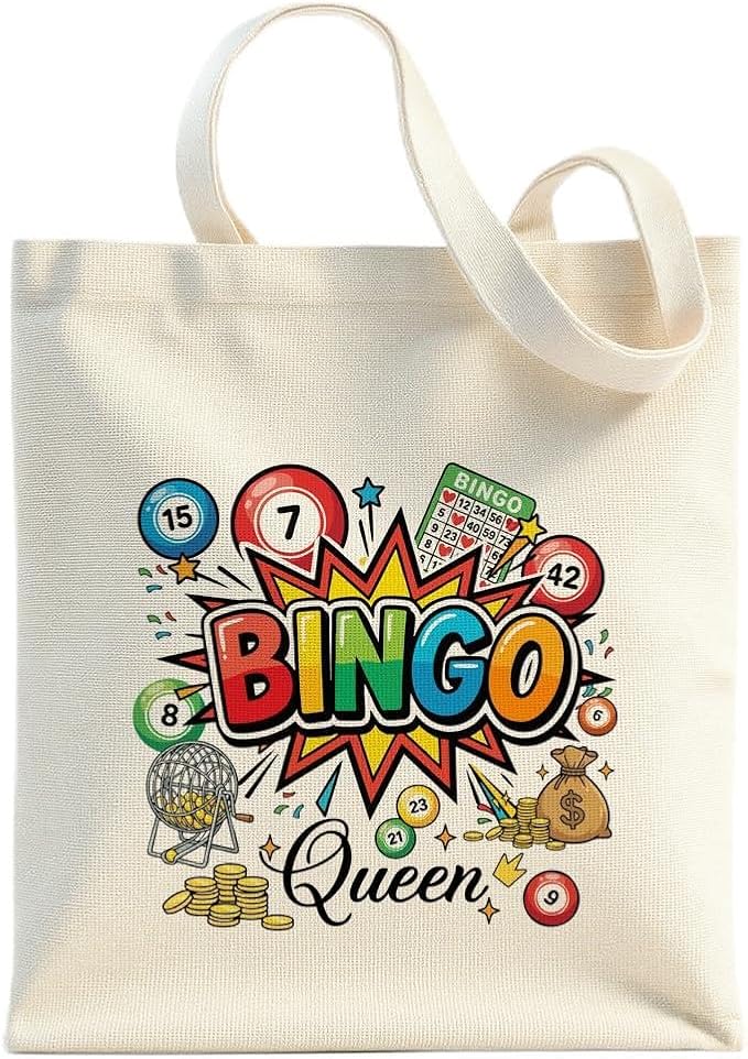 Bingo Queen Women Canvas Tote Bag, Funny Bingo Lover Reusable Shopping Bag for Women Senior Grandma Mom Friend, Colorful Bingo Game Shoulder Tote, Cute Casino Party Gifts for Bingo Player