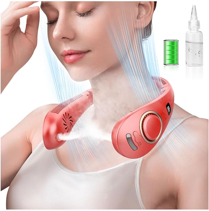 Neck Fans for Women Rechargeable-Foldaway Personal Fan with Water Mist,Wearable Hanging Fan Around Neck,Small USB Rechargeable Neck Cooler for Mother's Day Father's Day Adults Kids Birthday Gifts Red
