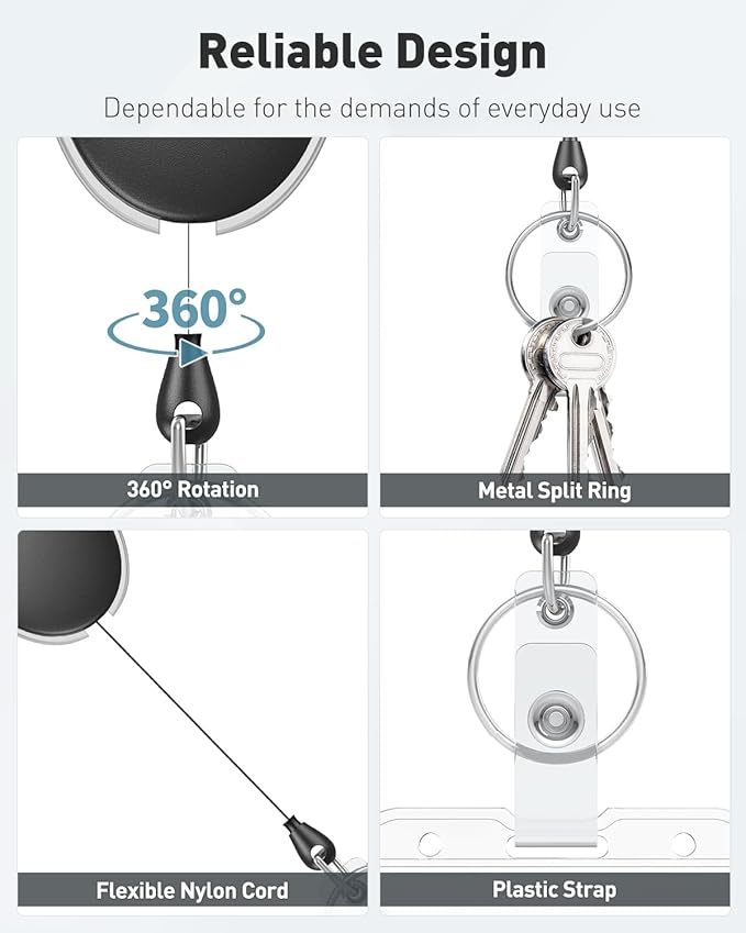 Uniclife 2 Pcs Retractable Badge Reel Keychain Clip for Badge Holder Black | Heavy Duty, Strong ABS, Stainless Steel Spring Coil, 24 Inch Nylon Rope, Carabiner Clip, Key Ring, Retractable Key Chain