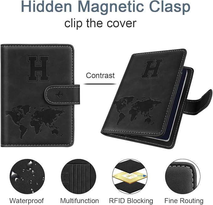 Passport Holder for Travel Essentials Personalized Initial Wallets | Embossed Letter A-Z Design, RFID Blocking, Passport Cover, Passport Book Holders, Men Women, Personalized Gifts, Black-H