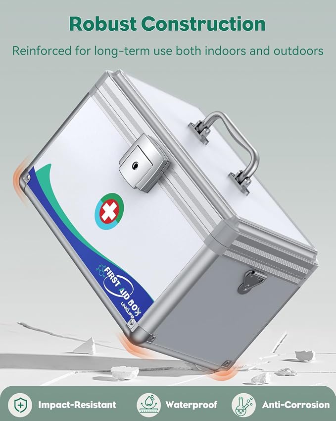 Uniclife Medicine Lock Box First Aid Box with Key Lock, Handle & Shoulder Strap Portable Medication Lockable Kit Metal Lockable Medicine Storage Security Lock Boxs for Medications, 12" x 7" x 7.5"