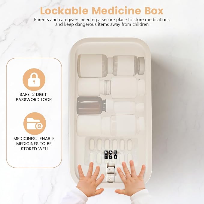 Small Lock Box,Lockable Storage Box with Combination Code for Medication Safe, Medicine Lock Box for Pills/First Aid Kits/Food/Snack Phone Jail,Locked Container for Home/Fridge/Office/School (Beige)
