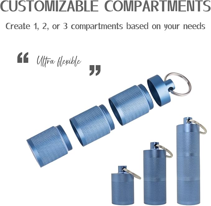 Waterproof Keychain Pill Holder - 3-Compartment, Blue | Anodized aluminum with a keyring. 3 detachable layers. Pocket-sized, rustproof EDC pill container