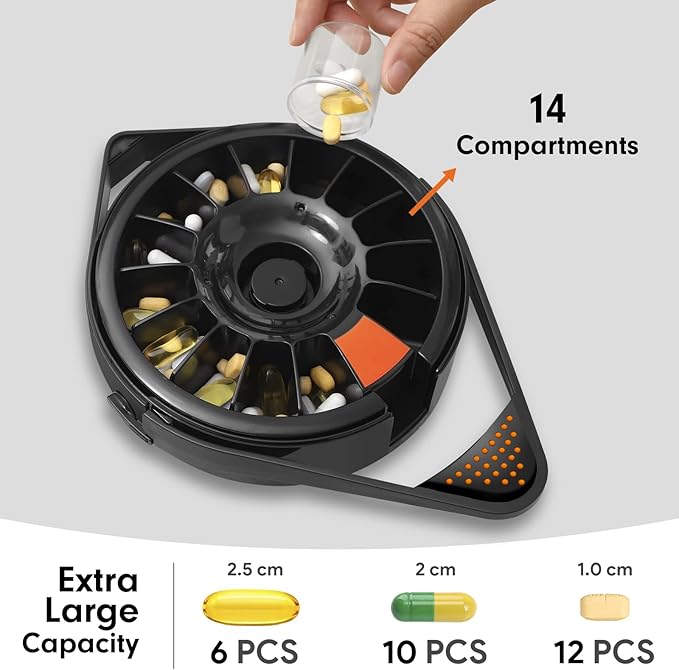 Fullicon Pill Dispenser with 14 Large Compartments and Child-Proof Lock, Spindo Medicine Dispenser-Dispense Vitamin/Tablet/Supplement for Elderly/Amnesia/Dementia