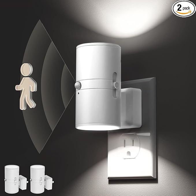 L LOHAS LED Motion Sensor Night Light, Bright Night Light, Dimmable 0-100LM | 5000K Daylight White, Motion Activated Nightlight, Motion Sensor Light Indoor, Hallway Bathroom Kitchen,[White Shade,2 Pack]