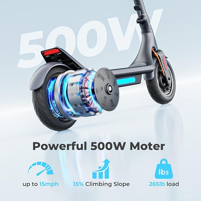 Electric Scooter, Electric Scooter Adults 500W,31 Miles Long Range,10in Tubeless Tires, 15.5mph E Scooter with Smart APP Control for Commuting, Outdoor, Short Travel Gift