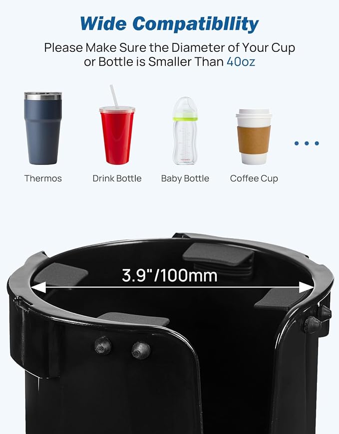 JOYTUTUS Wheelchair Cup Holder, 2-in-1 Walker Cup Holder with 6.4'' Large Storage Box, Drink Holder for Bottle with Handle, Fit for Wheelchair, Walker, Rollator, Stroller, Camper, Golf cart (Large)