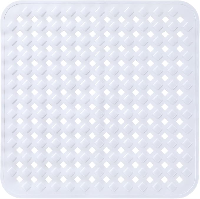 Yimobra Square Shower Mat Non Slip, Super Strong Suction Cups, 21"x21" Bath Tub Mat with Drain Holes, Machine Washable Fast Draining Bath Mats, Bathroom Essentials,White