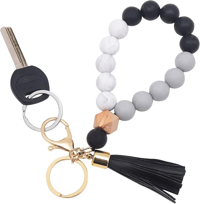 BAOSIWA Silicone Key Ring Bracelet Wristlet Keychain Unique Beaded Bangle Key Chains for Women with Leather Tassel