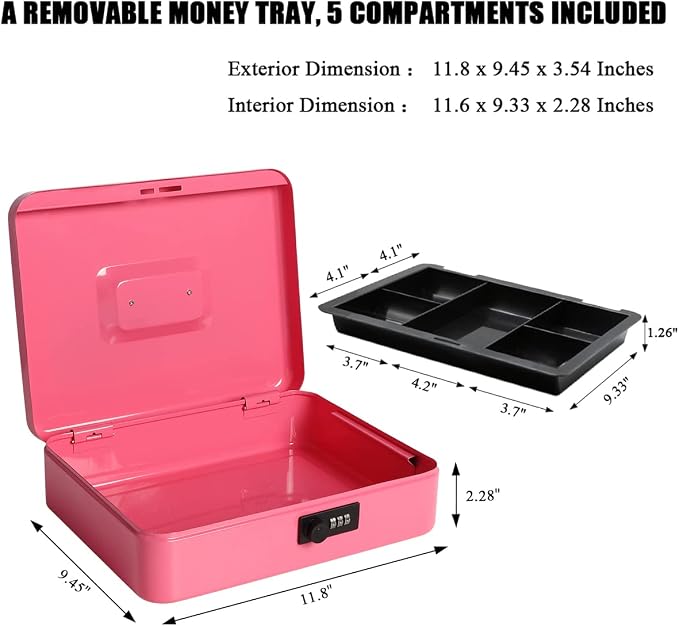 Jssmst Large Cash Box with Combination Lock - Durable Metal Cash Box with Money Tray, Pink, 11.81 x 9.84 x 3.46 inches, CB0705XLN