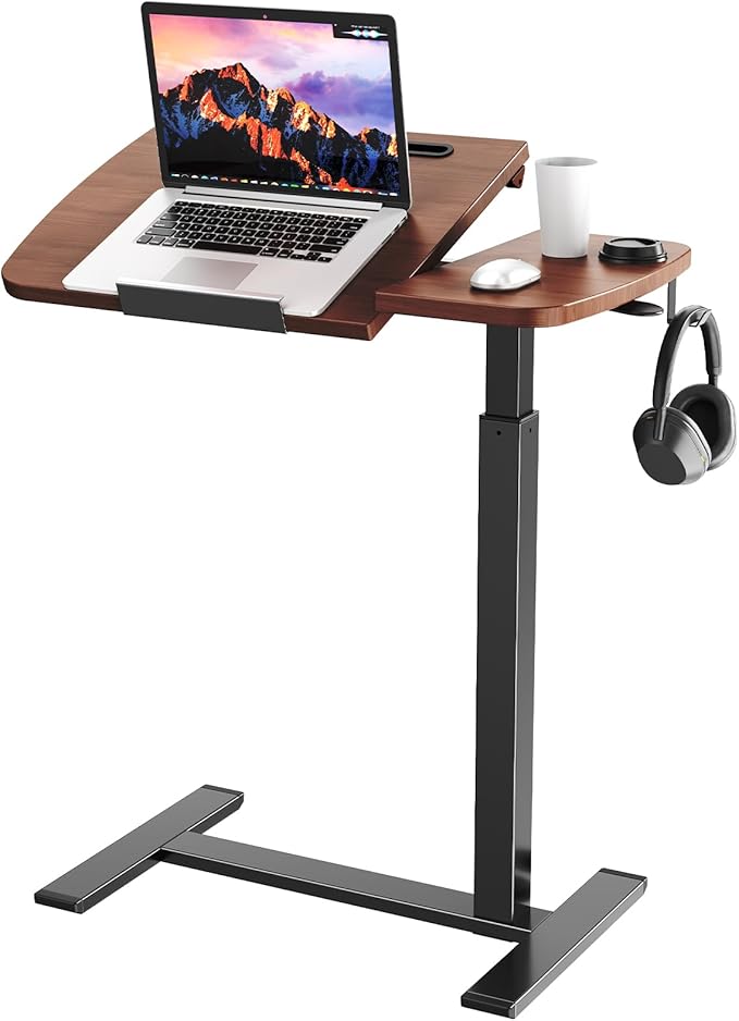 Overbed Table with Wheels, Pneumatic Height and Tilting Desktop | Top Tilts 0-60° with Anti-Slip Stops, Hook, Capacity 66 lbs, 1.18 in Low-Profile Base Slides Easily Under Beds and Sofa