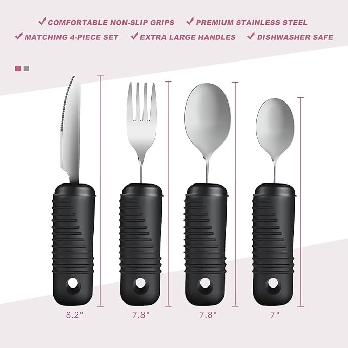Adaptive Utensils,Easy Grip Silverware,Built Up Bendable Fork,Teaspoon,Tablespoon and Knife for Elderly,Hand Tremors,Arthritis and Parkinson's Patients,4 Piece Set